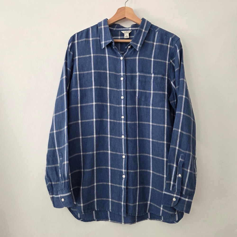 L.L.Bean Button Down Blue Windowpane Check 100% Linen Shirt Womens Large